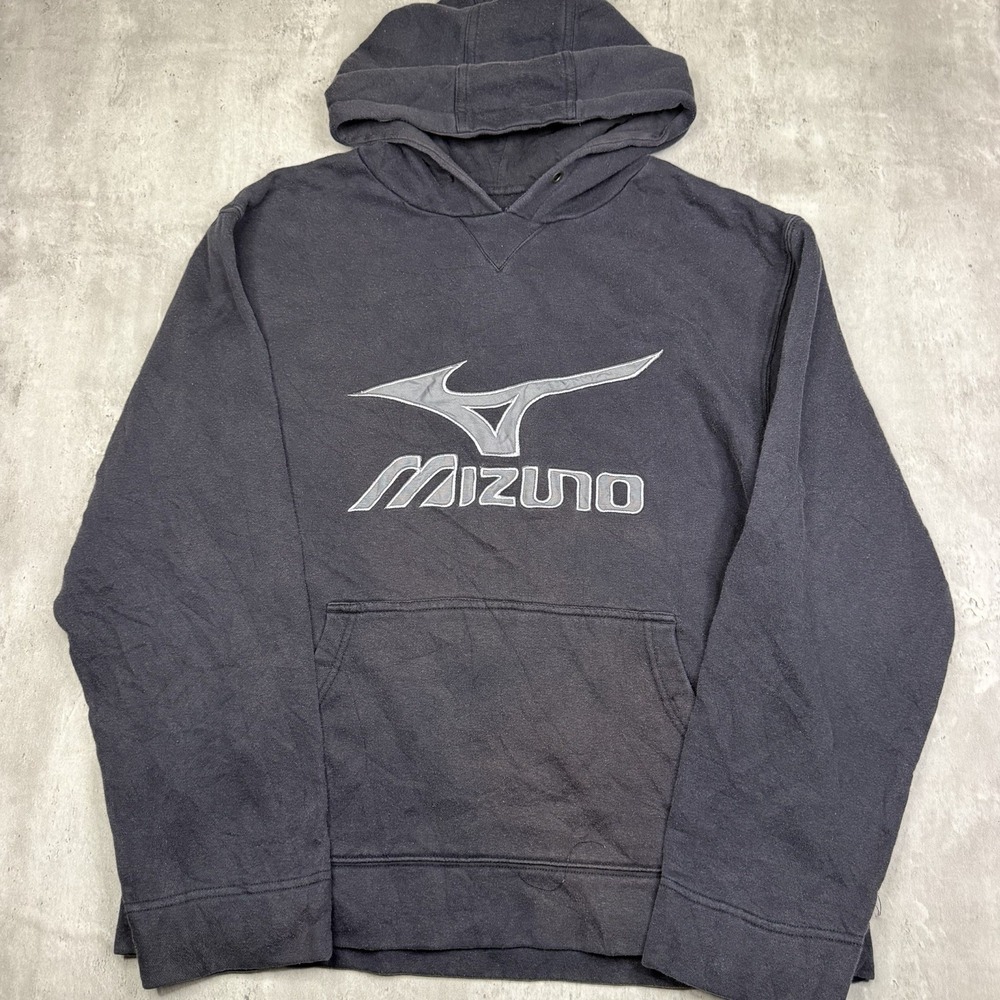 Vintage 90s Mizuno Big Logo Hoodie Pullover Sweatshirt Mens Small Black Faded
